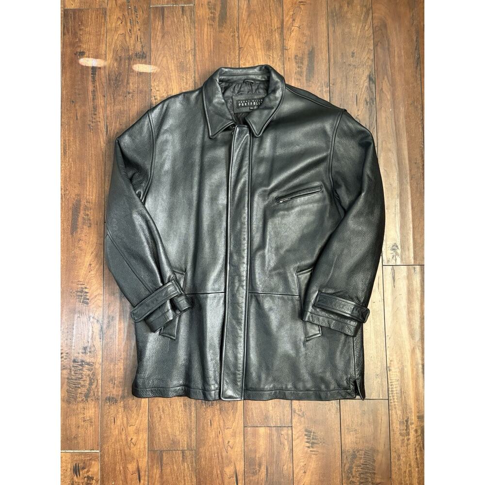 Vintage Perry Ellis Portfolio Leather Coat Mens XL Black Quilted Wrist Straps 90